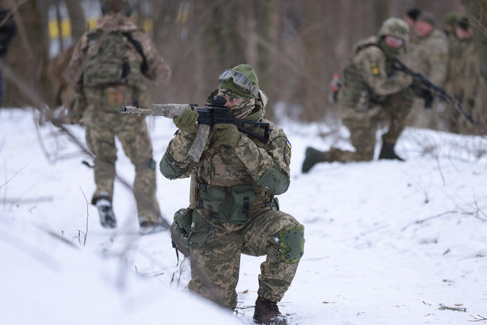 Civilian participants in a Kyiv Territorial Defense unit train on a Saturday in a forest on Jan. 22, 2022 in Kyiv, Ukraine. Across Ukraine thousands of civilians are participating in such groups to receive basic combat training and in time of war would be under direct command of the Ukrainian military.