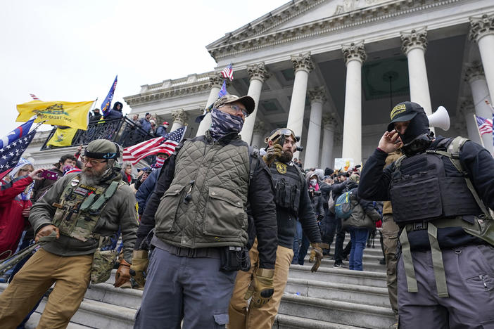 Members of the Oath Keepers on the East Front of the U.S. Capitol on Jan. 6, 2021, in Washington.