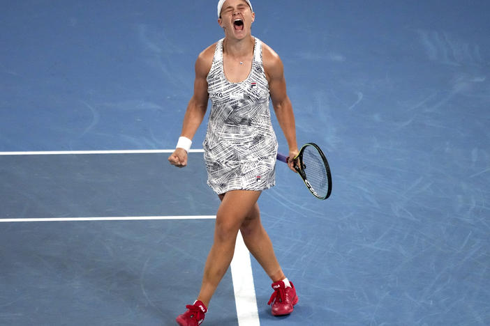 Ash Barty of Australia celebrates after defeating Danielle Collins of the U.S., in the women's singles final at the Australian Open on Saturday in Melbourne.