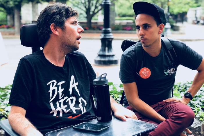 Ady Barkan and Nicholas Bruckman during the making of the documentary <em>Not Going Quietly</em>.