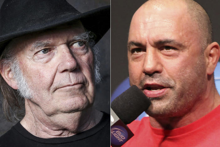 Neil Young (left) in 2016 and podcaster Joe Rogan in 2012. Spotify said Sunday that it will add content advisories before podcasts discussing the coronavirus. The move follows protests of the music-streaming service that were kicked off by Young over the spread of COVID-19 vaccine misinformation.
