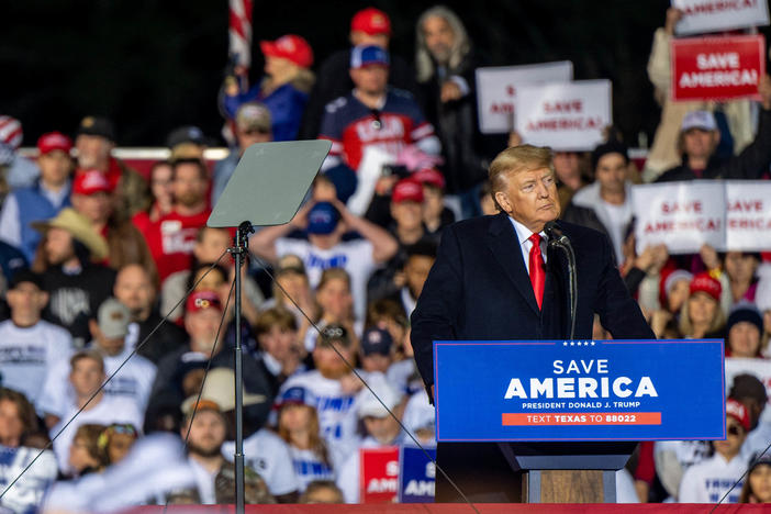 Former President Donald Trump speaks during a rally at the Montgomery County Fairgrounds in Conroe, Texas, on Saturday.