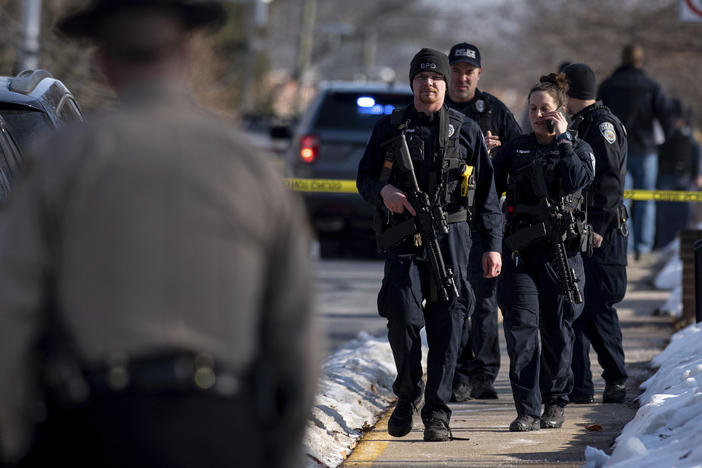 Police secure the scene of a shooting at Bridgewater College in Bridgewater, Va., on Tuesday.