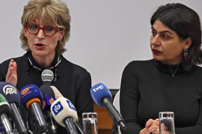 Amnesty International has labeled Israel an apartheid state over its policies toward Palestinians. The Israeli government rejects the accusation. Here, Agnes Callamard, the secretary general of Amnesty International, speaks during a news conference as activist Orly Noy (right) looks on in Jerusalem.