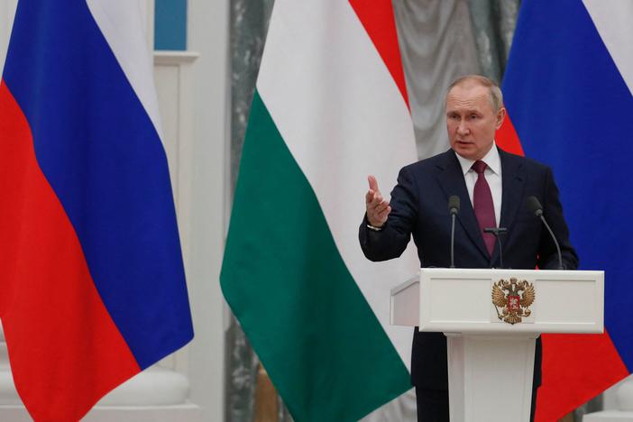 Russian President Vladimir Putin talks during a press conference with Hungarian Prime Minister Viktor Orban after their meeting at the Kremlin in Moscow on Tuesday.