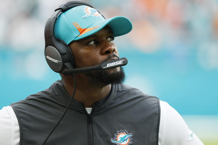 Former head coach Brian Flores of the Miami Dolphins looks on from the side line during the game against the New York Jets at Hard Rock Stadium on Dec. 19, 2021 in Miami Gardens, Fla.