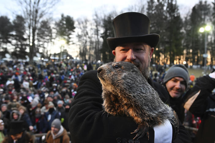 Groundhog Club handler A.J. Dereume holds Punxsutawney Phil, the weather prognosticating groundhog, Wednesday during the 136th celebration of Groundhog Day on Gobbler's Knob in Punxsutawney, Pa.