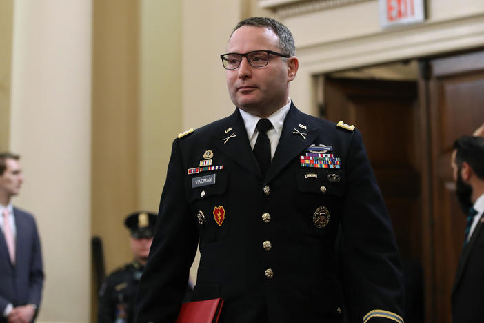 Lt. Col. Alexander Vindman arrives to testify before the House Intelligence Committee in November 2019 during the impeachment inquiry against former President Donald Trump.