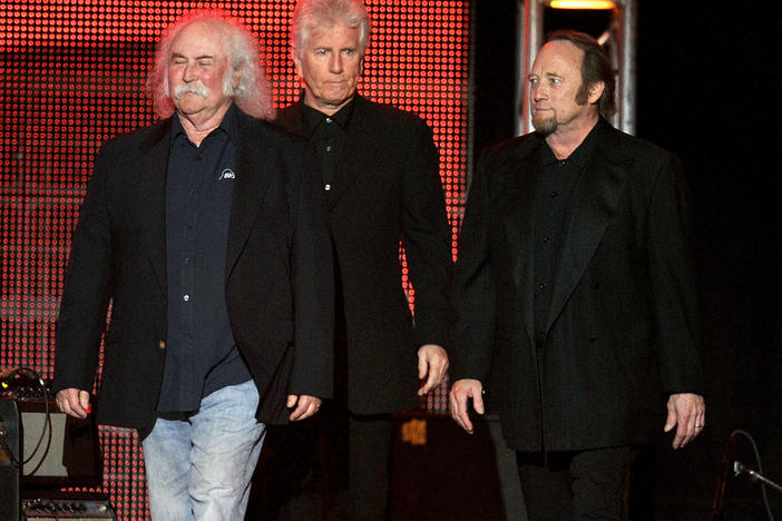 David Crosby (from left), Graham Nash and Stephen Stills of Crosby, Stills & Nash onstage in Los Angeles in 2010. They're supporting former bandmate Neil Young in pulling material from Spotify.