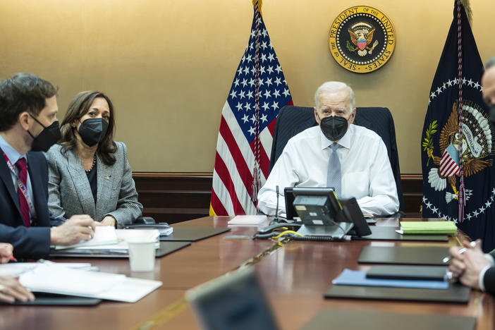 In this image provided by the White House, President Biden and Vice President Harris and members of the president's national security team observe from the White House Situation Room on Wednesday the counterterrorism operation responsible for removing from the battlefield Abu Ibrahim al-Hashimi al-Qurayshi, the leader of the Islamic State group.