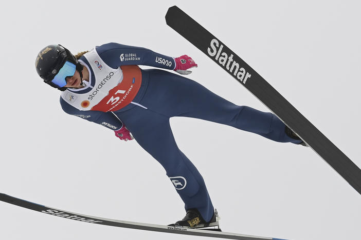 Tara Geraghty-Moats, from the U.S., soars through the air during a trial round at the Gundersen Nordic combined jumping event at the FIS Nordic Ski World Championships in Oberstdorf, Germany, on Feb. 27, 2021.