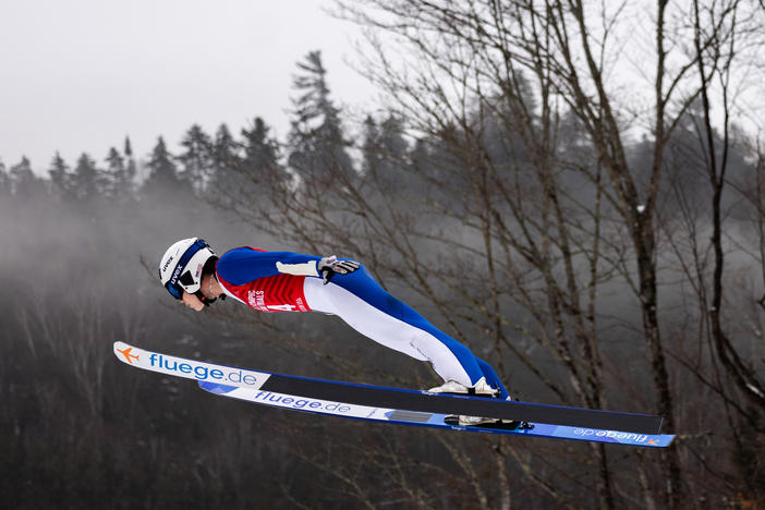 Logan Sankey jumps during the first round of the ski jumping competition at the U.S. Nordic Combined & Ski Jump Olympic Trials in December in Lake Placid, N.Y.