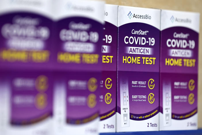 COVID-19 at-home rapid test kits are seen in Los Angeles on Jan. 7.