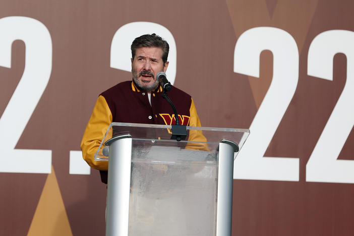 Owner Dan Snyder speaks during the announcement of the Washington Football Team's name change to the Washington Commanders at FedExField on February 2, 2022 in Landover, Maryland.
