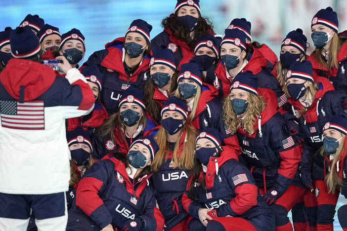 The team from the United States arrives during the opening ceremony of the 2022 Winter Olympics, Friday, Feb. 4, 2022, in Beijing.