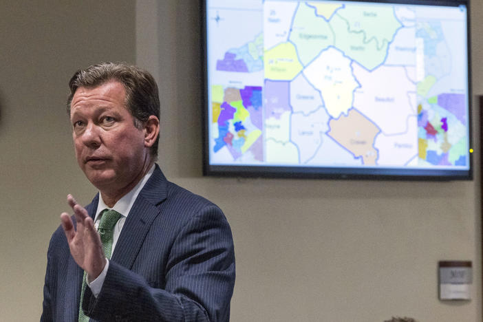 Phil Strach, an attorney for Republican legislators speaks during a partisan gerrymandering trial on Jan. 5, 2022, at Campbell University School of Law in Raleigh, N.C. A divided North Carolina Supreme Court struck down the state's new maps for congressional and General Assembly seats on Friday.
