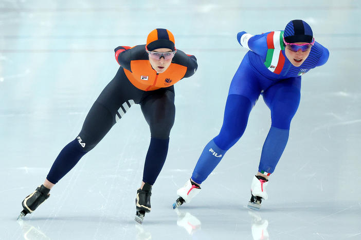 Irene Schouten of Team Netherlands skates ahead of Francesca Lollobrigida of Team Italy during the Women's 3000m on day one of the Beijing 2022 Winter Olympic Games at National Speed Skating Oval.
