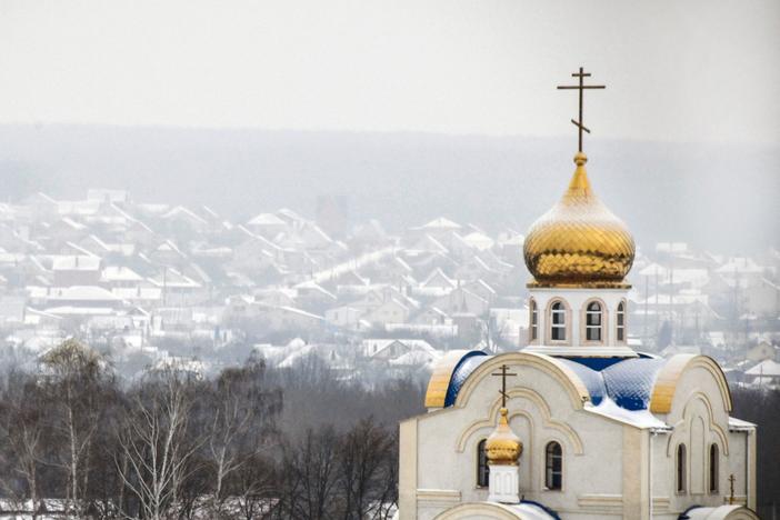 A church is seen in the Russian village of Shebekino outside Belgorod, a few miles from the Ukrainian border, on Jan. 27, 2022.