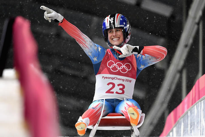 Emily Sweeney of the United States reacts after a training run at the Pyeongchang 2018 Winter Olympics. She would crash in a later race, breaking her neck and back. Her recovery and return to the Olympics has been a long but important mission for her.