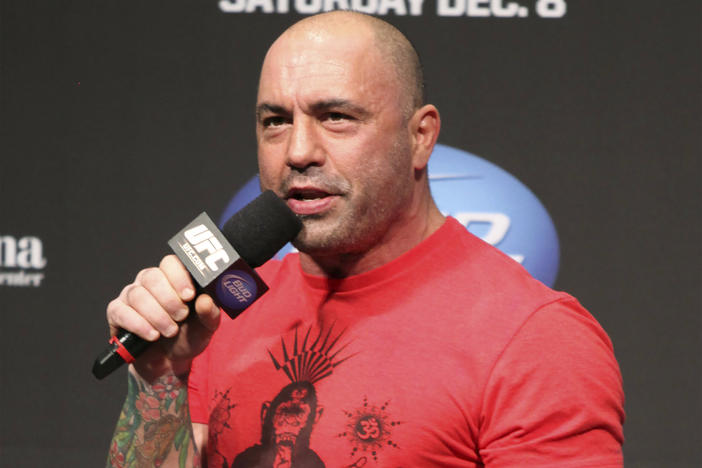UFC announcer and podcaster Joe Rogan speaks at the weigh in before a UFC on FOX 5 event in Seattle, on Dec. 7, 2012.
