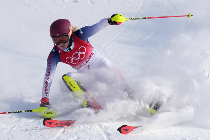 Three-time Olympic medalist Mikaela Shiffrin skis out in the first run of the women's slalom at the 2022 Winter Olympics on Wednesday.