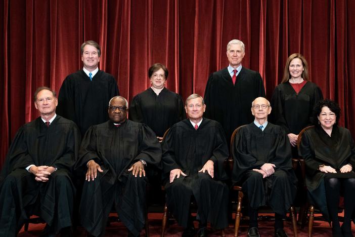 The Supreme Court pictured in a photo from 2021. Justice Stephen Breyer is set to retire at the end of the term. President Biden has pledged to seat a Black woman on the court.