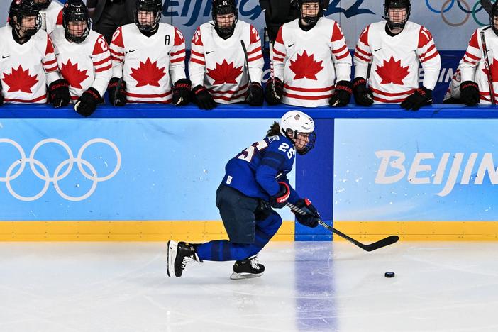 Team USA's Alexandra Carpenter skates with the puck during the women's preliminary round of the Winter Olympics ice hockey competition between the U.S. and Canada on Tuesday.
