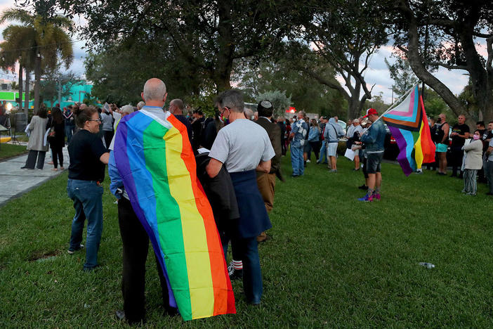 Opponents gather for a Safe Schools South Florida & Friends rally to push back against the so-called Don't Say Gay bill at the Pride Center in Wilton Manors, Fla., on Feb. 2.
