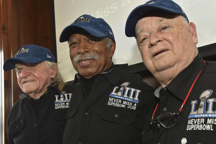 From left, Tom Henschel, Gregory Eaton and Don Crisman have attended every Super Bowl since the first AFL-NFL World Championship 55 years ago. They're meeting at the Super Bowl again this year but future meetings are in question.