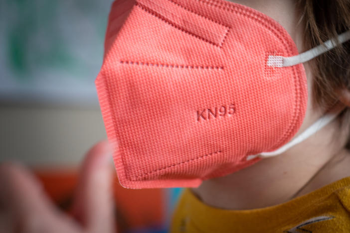 A child wears a KN95 mask for kids in Hastings-on-Hudson, New York.