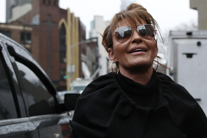 Former Alaska Gov. Sarah Palin arrives at a federal court in Manhattan to testify in her defamation case against <em>The New York Times</em>.