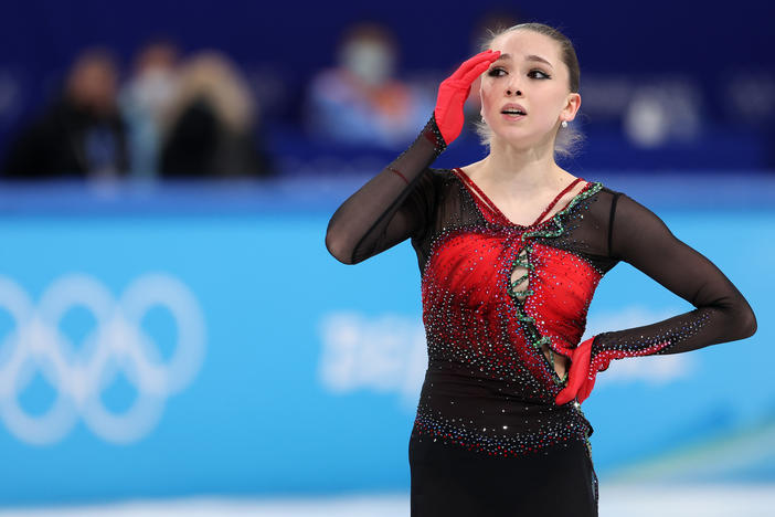 Kamila Valieva, of the Russian Olympic Committee team, reacts during the free skating team event at the Winter Olympics. Despite finishing first, Valieva and her teammates have yet to receive their medals.