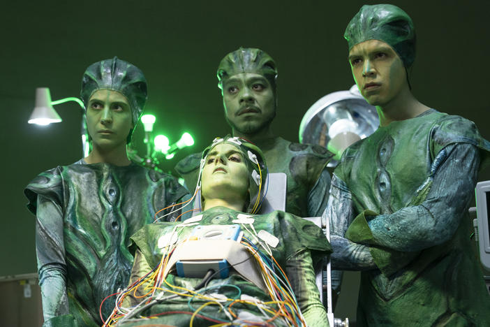 Cassandra Ciangherotti, Bernardo Velasco, Julio Torres, and Ana Fabrega star in the HBO series <em>Los Espookys.</em>