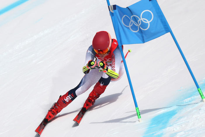 Mikaela Shiffrin of Team USA skis during the super-G competition on Friday at the Beijing Olympics. She placed ninth after failing to finish her last two races.