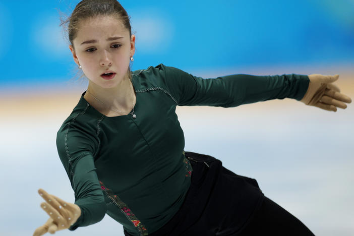 Russian figure skater Kamila Valieva skates during a training session on Saturday at the Capital Indoor Stadium practice rink in Beijing, China.