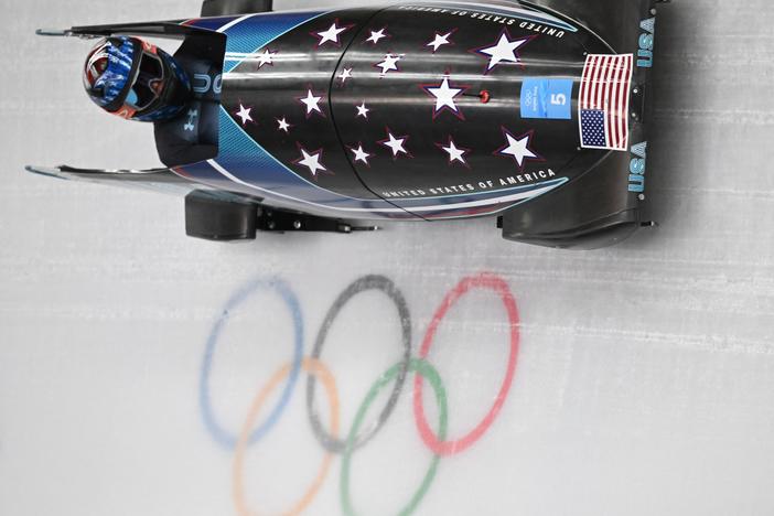 USA's Kaillie Humphries competes in the women's monobob bobsleigh event at the Yanqing National Sliding Centre during the Beijing 2022 Winter Olympic Games on Feb. 14, 2022.