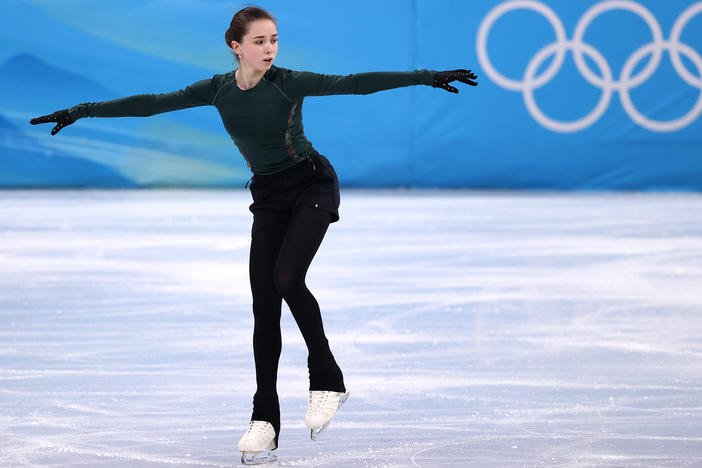 Kamila Valieva of Team ROC skates during a training session at the Beijing Winter Olympic Games on February 13, 2022.