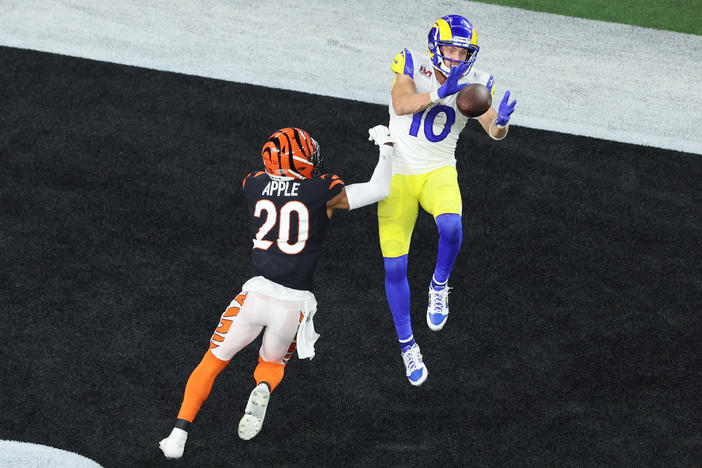 The Rams' Cooper Kupp makes a touchdown catch in the fourth quarter of the Super Bowl. The touchdown put Los Angeles back on top over the Cincinnati Bengals.