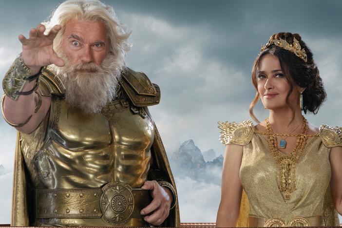 Arnold Schwarzenegger and Salma Hayek play the Greek gods Zeus and Hera in a Super Bowl ad for BMW.