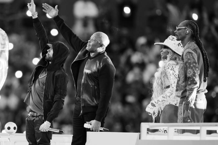 Halftime show performers Eminem, Dr. Dre, Mary J. Blige and Snoop Dogg at the Super Bowl 56.