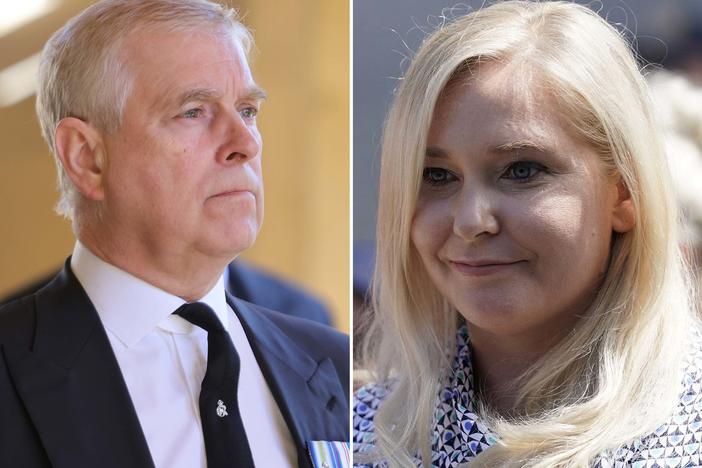 (L) Prince Andrew, Duke of York during the funeral of Prince Philip, Duke of Edinburgh at Windsor Castle on April 17, 2021 in Windsor, England. (R) One of Jeffrey Epstein's alleged victims, Virginia Roberts Giuffre, speaks at a news conference following a hearing where Epstein's alleged victims made statements in Manhattan Federal Court on Aug. 27, 2019, in New York.