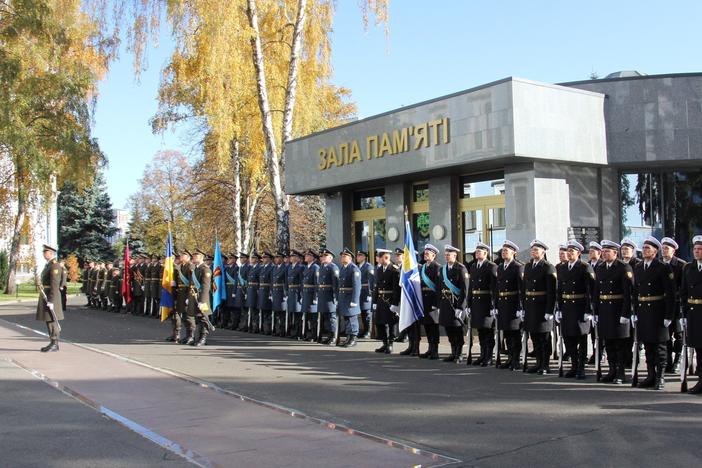 The outage hit the website for the Ukrainian Defense Ministry, shown here during a ceremony last October.