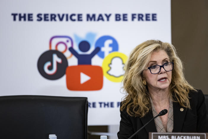 Ranking member Sen. Marsha Blackburn, R-Tenn., speaks during a Senate Subcommittee on Consumer Protection, Product Safety, and Data Security hearing about online child safety in October.