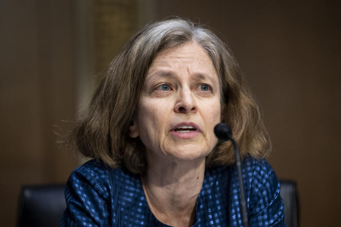 Sarah Bloom Raskin, President Biden's nominee to be the Fed's vice chair for supervision, speaks during her confirmation hearing with the Senate Banking Committee on Feb. 3 in Washington, D.C. Senate Banking Republicans delayed a key vote on her nomination, along with a group of four other nominees to the Fed.