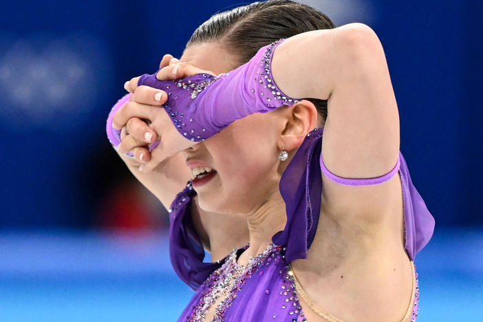 Russia's Kamila Valieva reacts after competing in the women's single skating short program at the Beijing 2022 Winter Olympic Games.