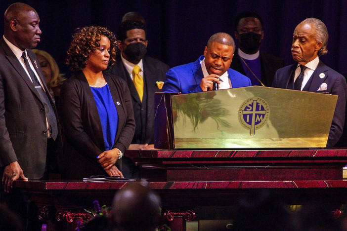 Amir Locke's father Andre Locke speaks during his funeral Thursday at Shiloh Temple International Ministries in Minneapolis. Locke was killed Feb. 2 by Minneapolis police as they executed a no-knock search warrant.