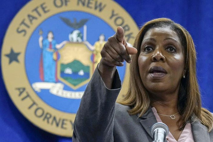 New York state's attorney general, Letitia James, acknowledges questions from journalists at a news conference on May 21, 2021.