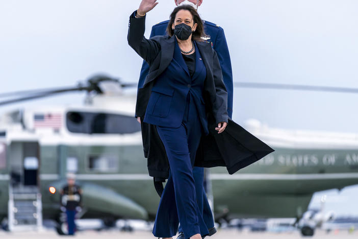 Vice President Harris walks across the tarmac at Joint Base Andrew to board Air Force Two bound for Munich, where she will meet with European leaders to discuss Russian aggression to Ukraine.