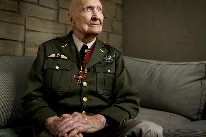 Gail Halvorsen, also know as the "Candy Bomber", poses for a portrait at his son's home in Midway, Utah, in 2020. Halvorsen, who was known for his airdrops of sweets during the Berlin airlift after World War II ended, died Wednesday at the age of 101.
