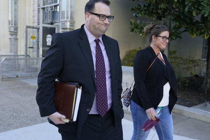 Former Los Angeles Angels employee Eric Kay, left, walks out of a federal court building on Tuesday during his trial on federal drug distribution and conspiracy charges. Kay was convicted Thursday of providing Angels pitcher Tyler Skaggs the drugs that led to his overdose death.